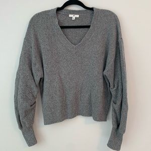 Grey sweater with ruched arm detail